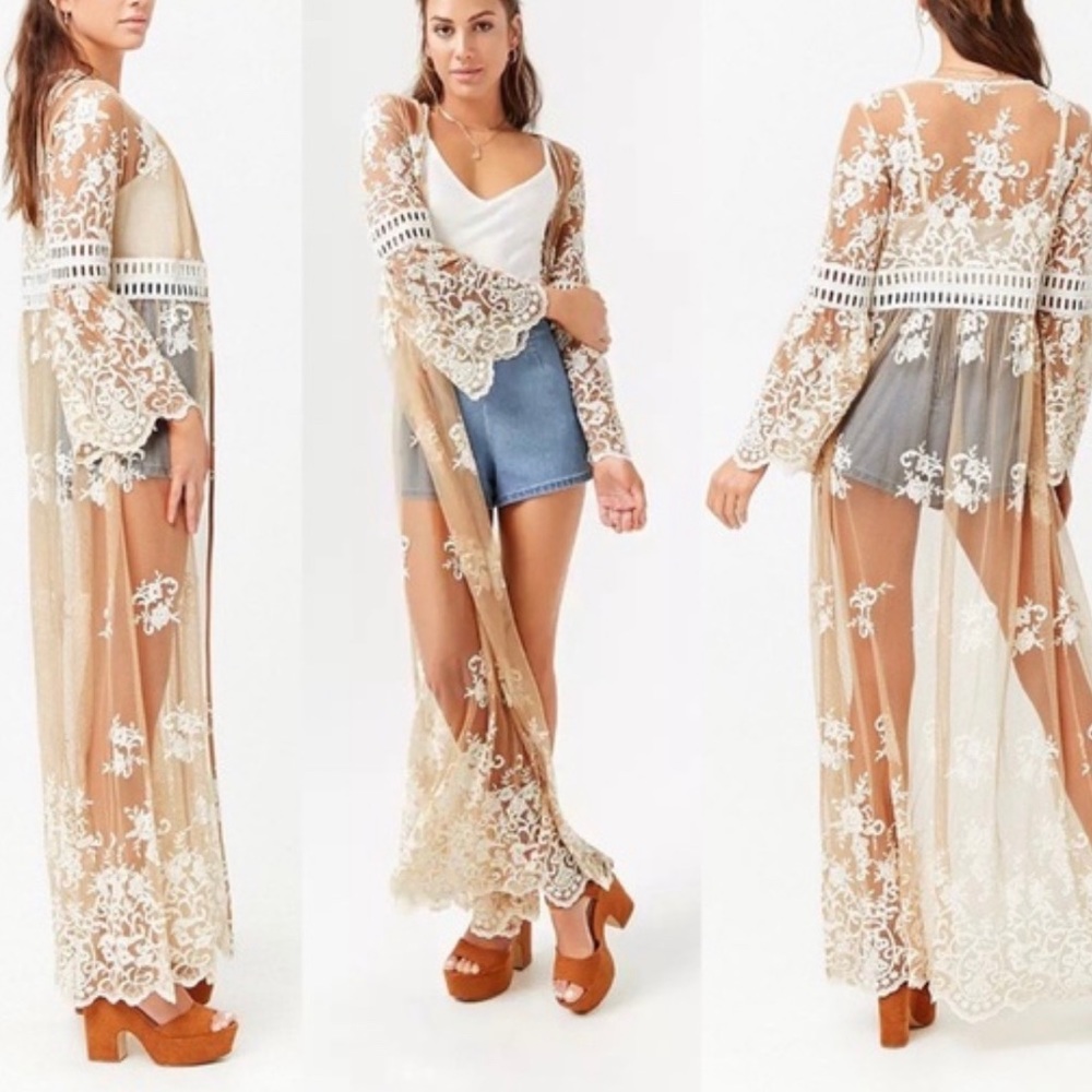 Sheer embroidered lace kimono